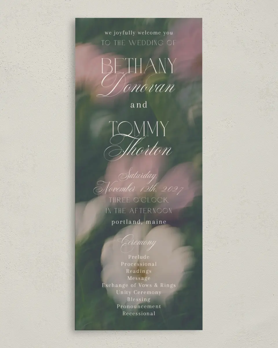 This is a 3⅝" x 8⅞" Tea-length Wedding Program called The Bethany printed in full color on Premium Smooth paper