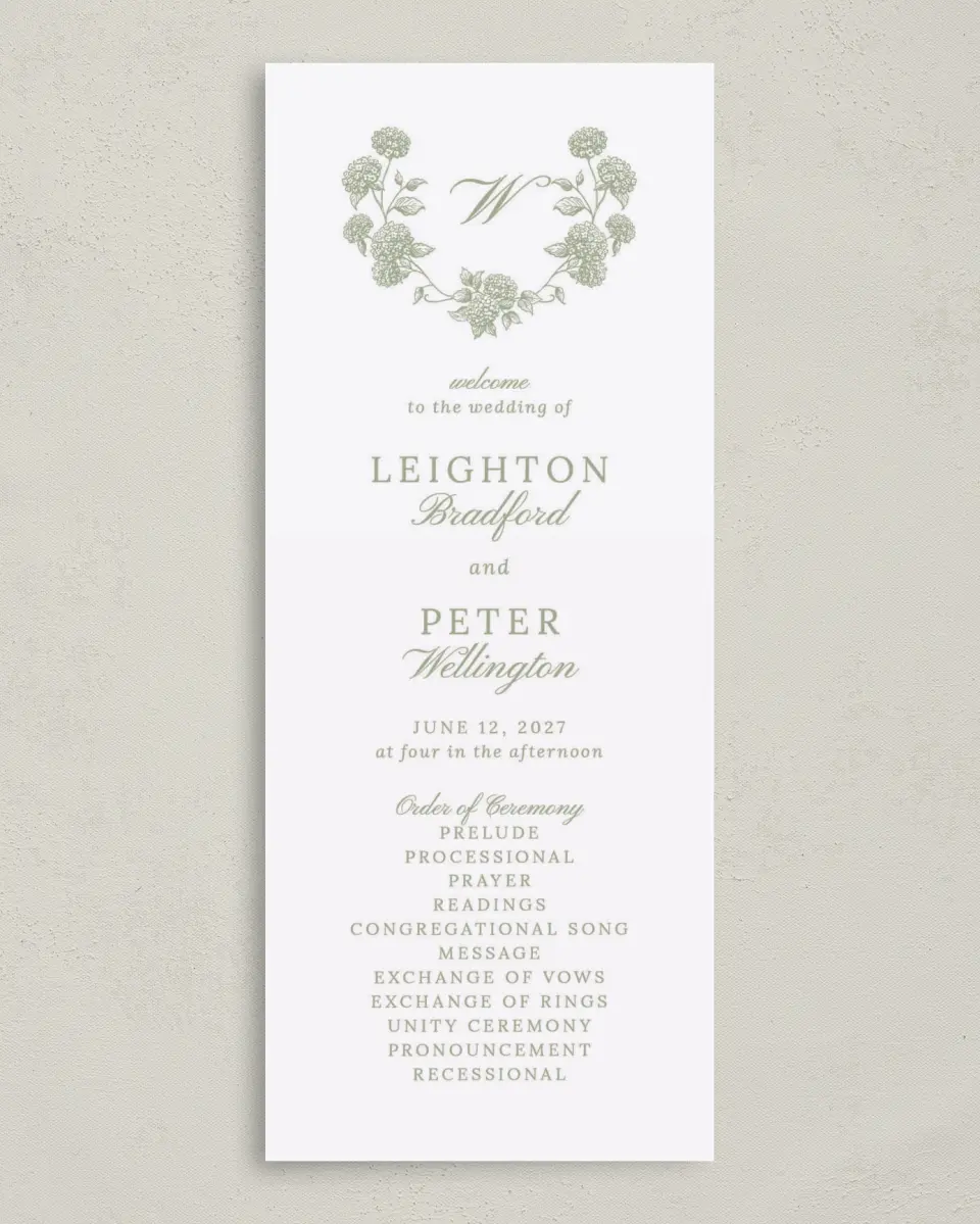 This is a 3⅝" x 8⅞" Tea-length Wedding Program called Harmonious Hydrangea printed in full color on Premium Smooth paper