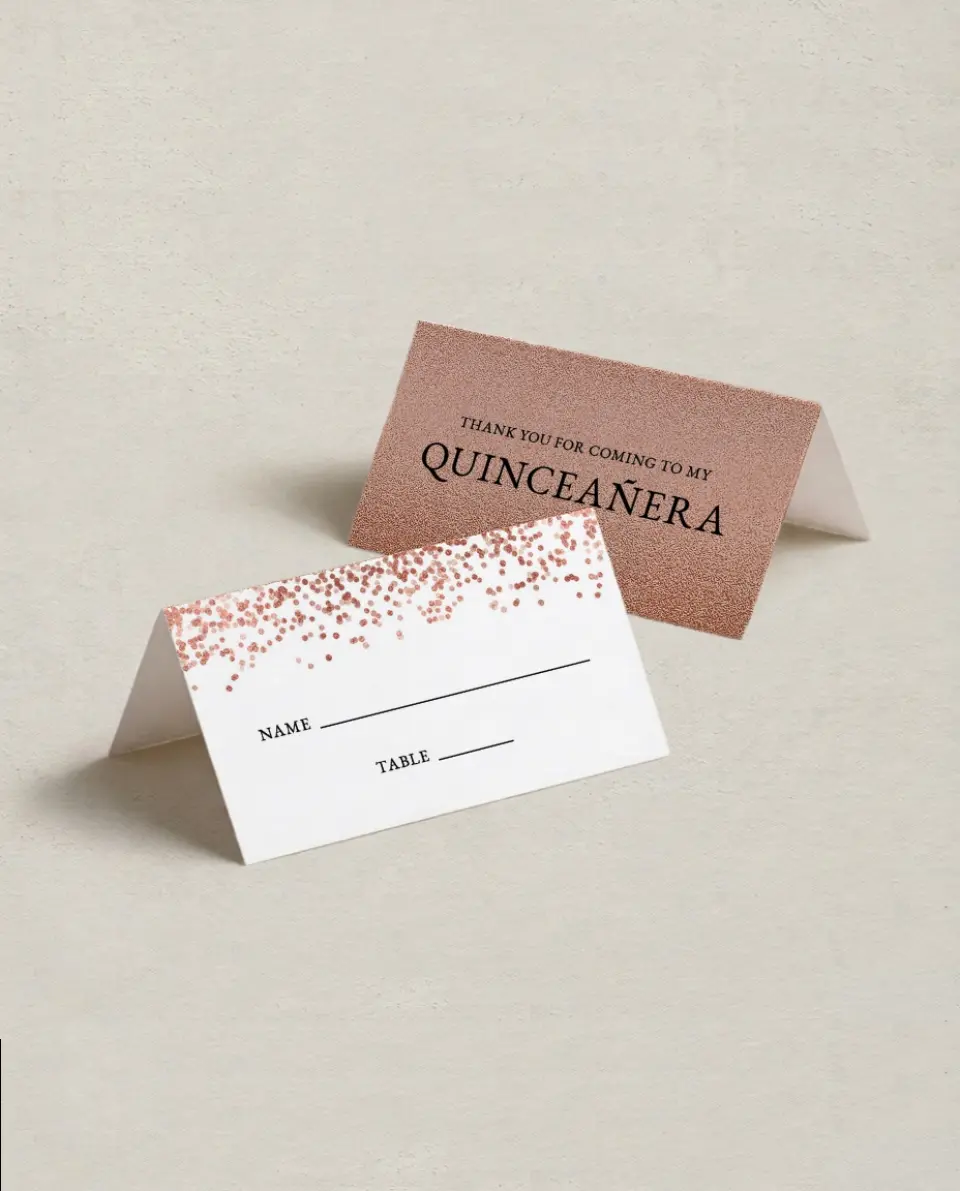 This is a 3½" x 2" Folded Quinceanera Place Card called Bronze Beauty printed in full color on Premium Smooth paper