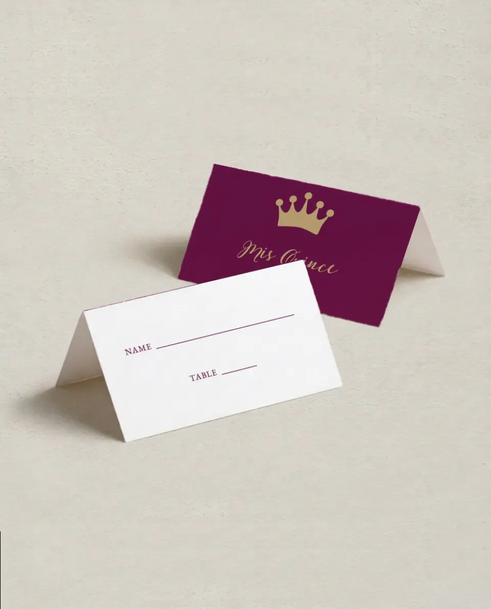 This is a 3½" x 2" Folded Quinceanera Place Card called Crowning Moment printed in full color on Premium Smooth paper