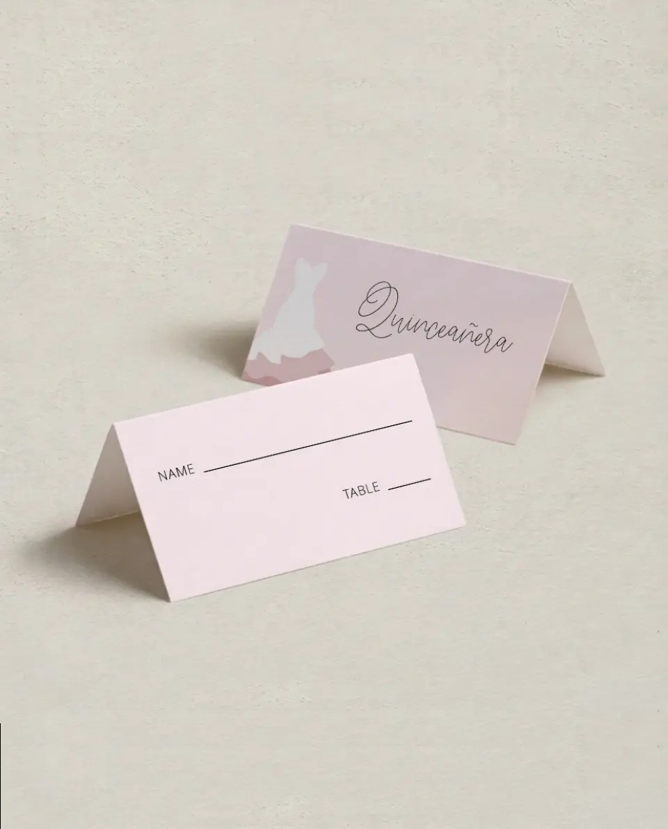 This is a 3½" x 2" Folded Quinceanera Place Card called Gown Glam printed in full color on Premium Smooth paper