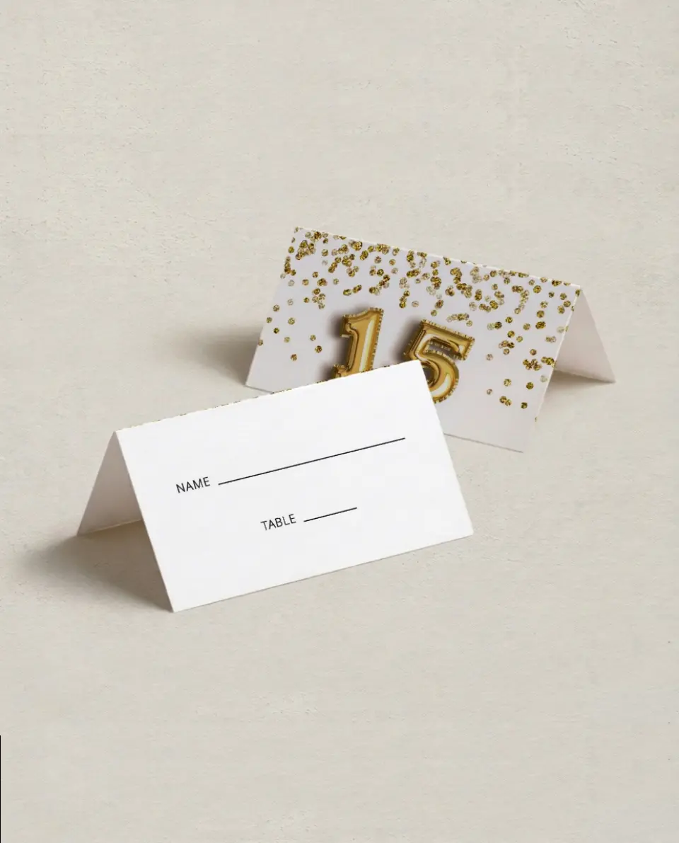 This is a 3½" x 2" Folded Quinceanera Place Card called Chevron Glitz printed in full color on Premium Smooth paper