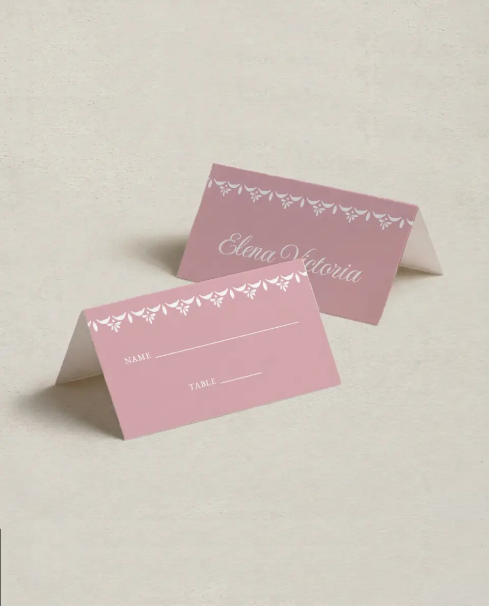 This is a 3½" x 2" Folded Quinceanera Place Card called Center of Attention printed in full color on Premium Smooth paper