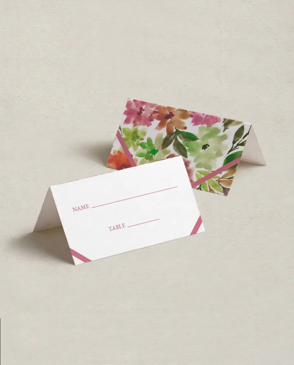 This is a 3½" x 2" Folded Quinceanera Place Card called Blissful Bouquet printed in full color on Premium Smooth paper
