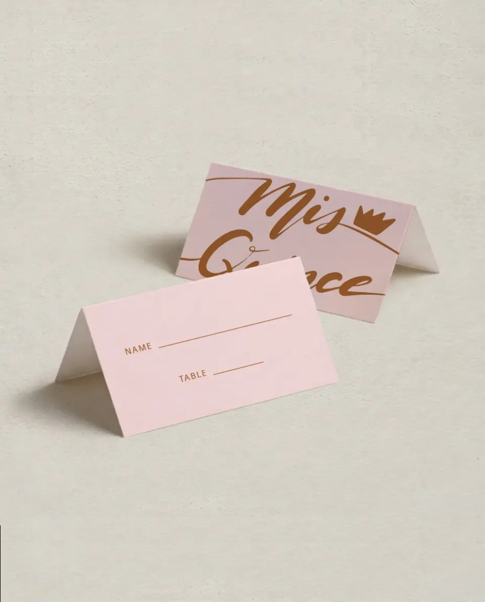This is a 3½" x 2" Folded Quinceanera Place Card called Magical Crown printed in full color on Premium Smooth paper