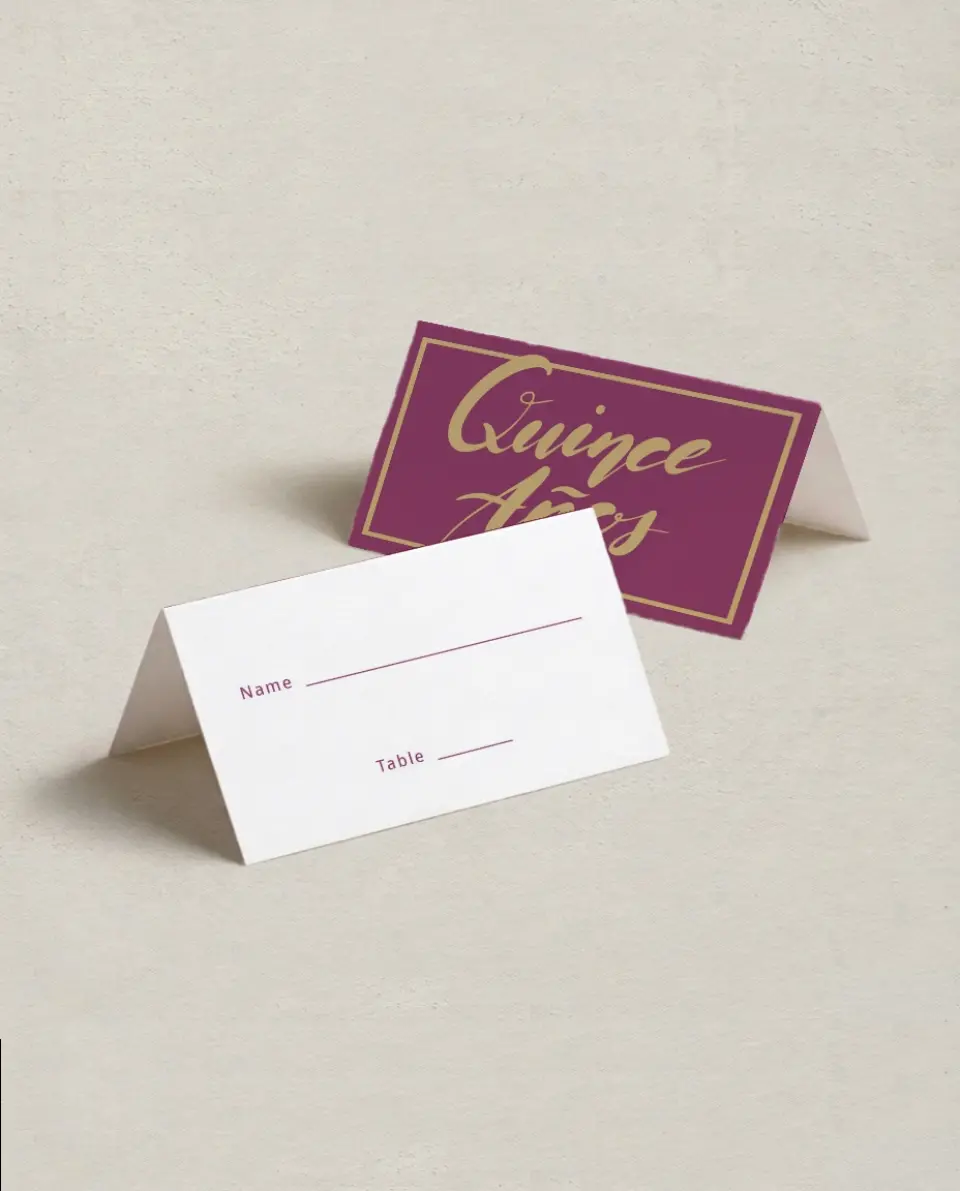 This is a 3½" x 2" Folded Quinceanera Place Card called Daringly Bold printed in full color on Premium Smooth paper