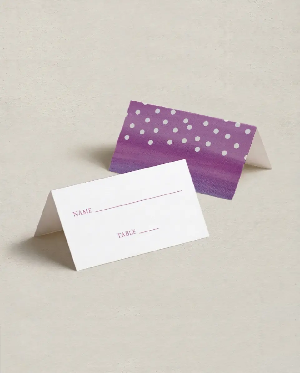 This is a 3½" x 2" Folded Quinceanera Place Card called Dramatic Debut printed in full color on Premium Smooth paper