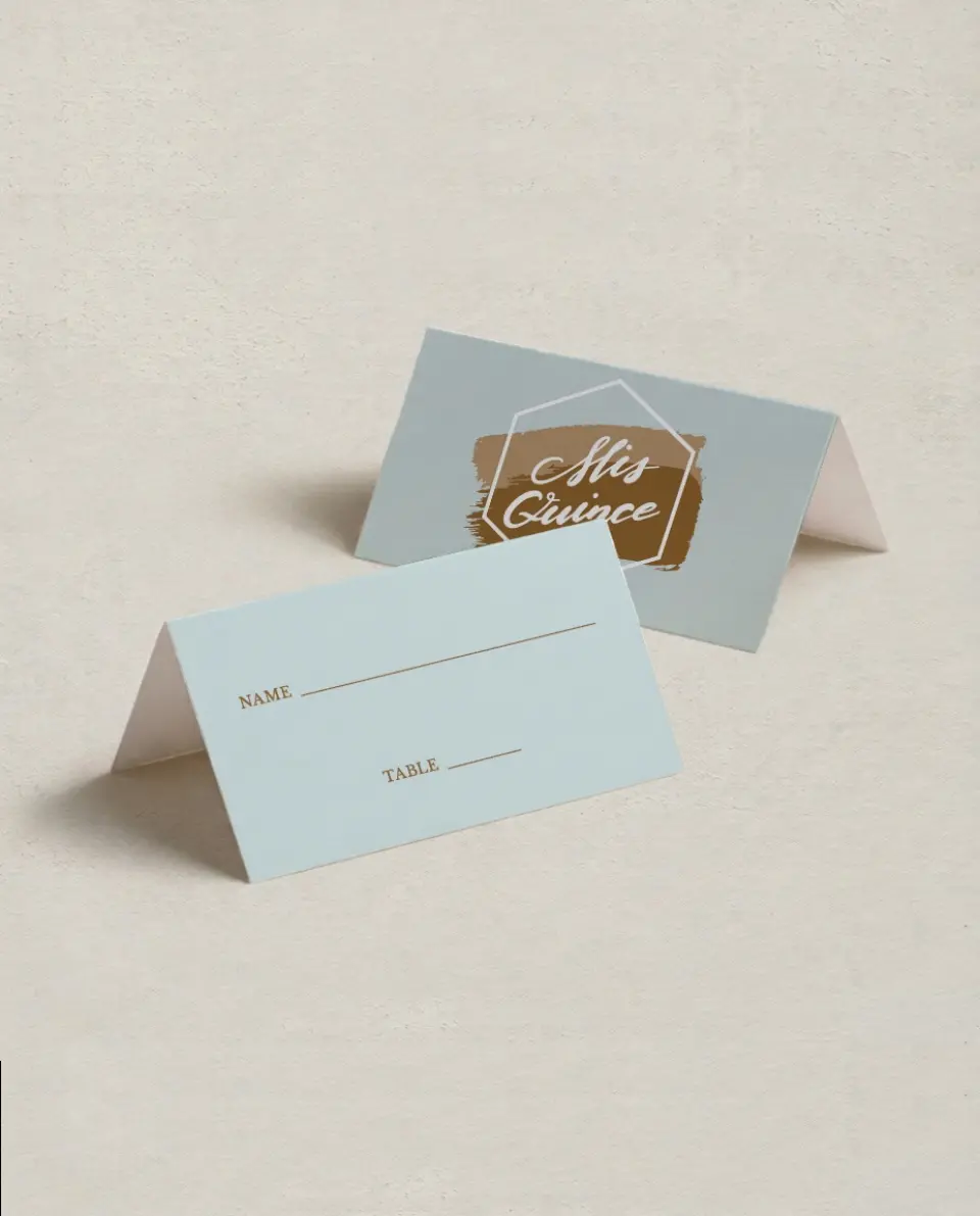 This is a 3½" x 2" Folded Quinceanera Place Card called Swashed Sophisticate printed in full color on Premium Smooth paper
