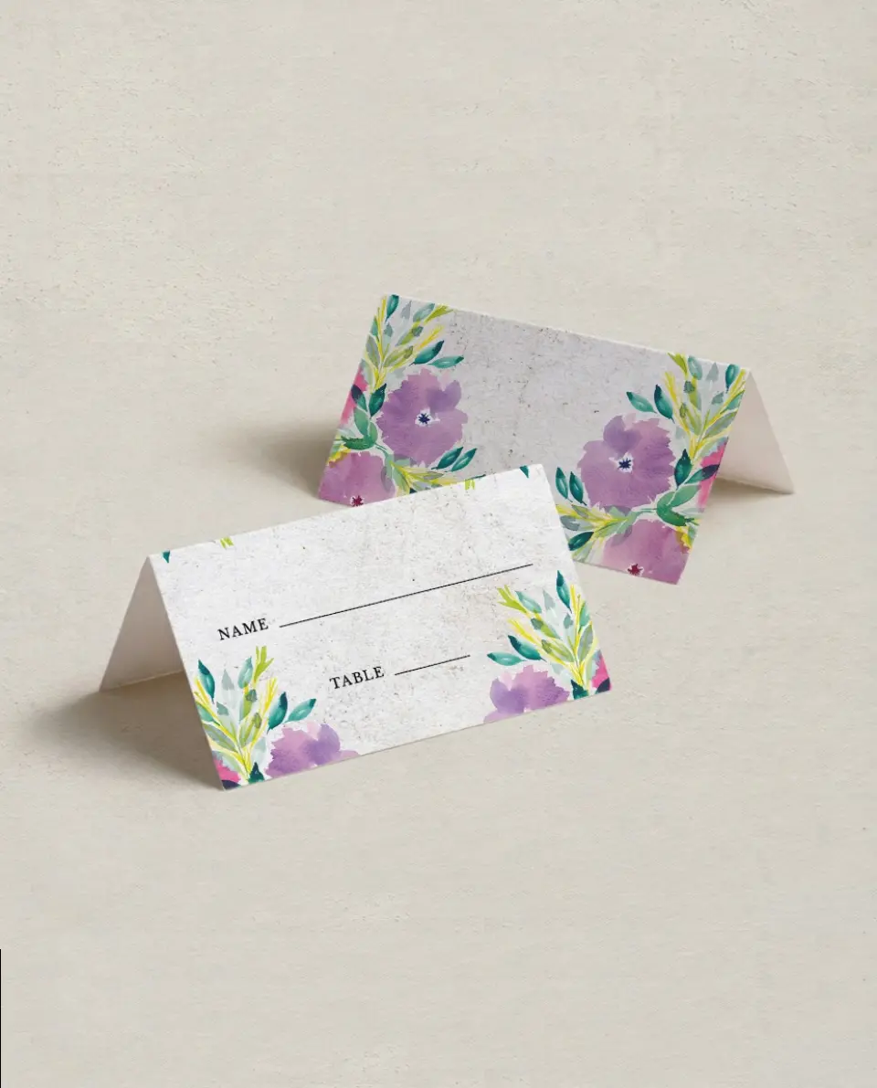 This is a 3½" x 2" Folded Quinceanera Place Card called Watercolor Wow printed in full color on Premium Smooth paper