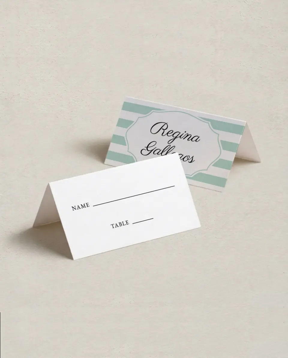 This is a 3½" x 2" Folded Quinceanera Place Card called Stripe Devotion printed in full color on Premium Smooth paper