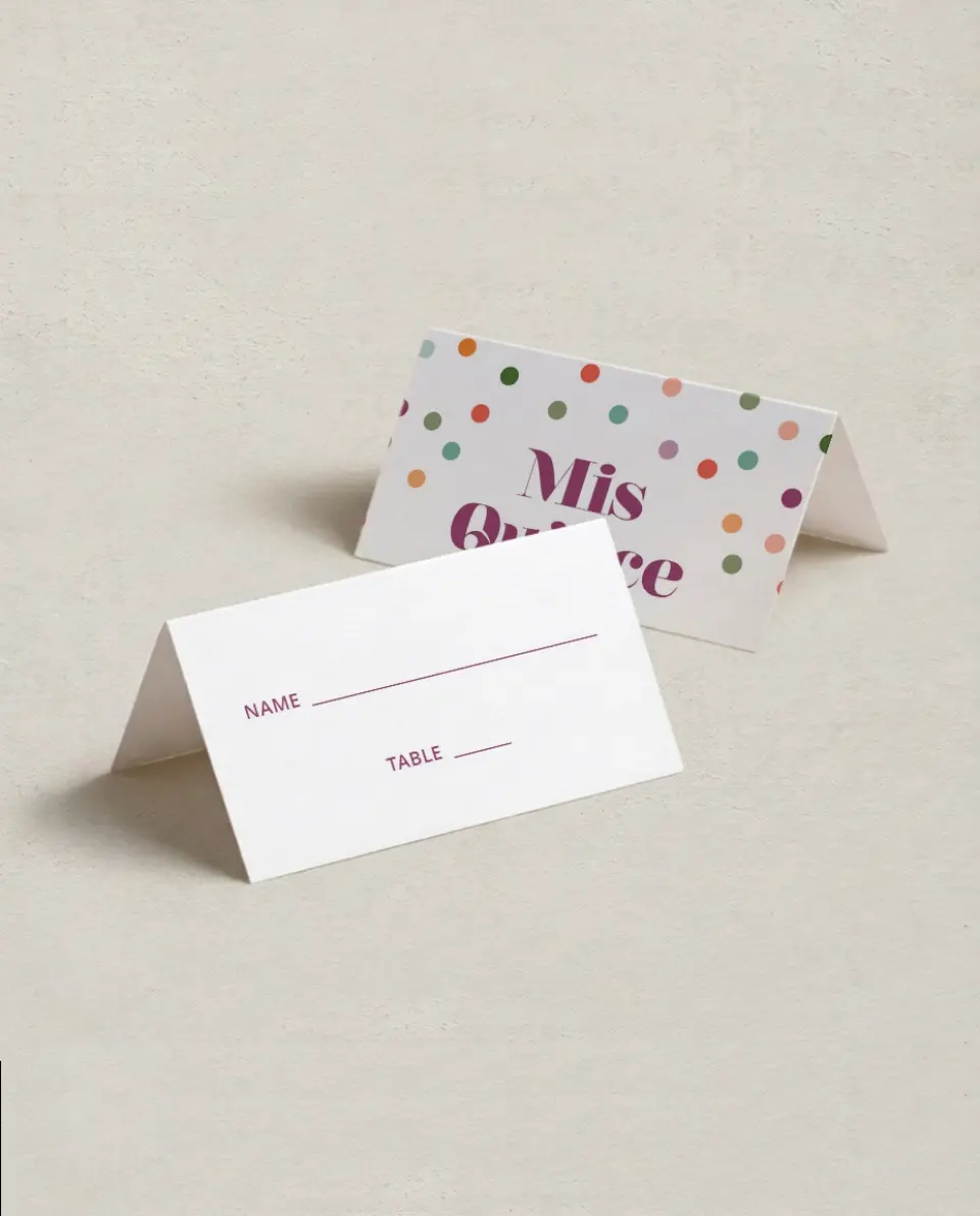 This is a 3½" x 2" Folded Quinceanera Place Card called Radiant Dots printed in full color on Premium Smooth paper