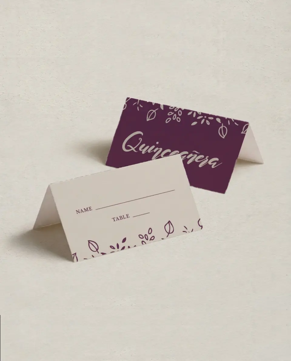 This is a 3½" x 2" Folded Quinceanera Place Card called Flora Flourish printed in full color on Premium Smooth paper