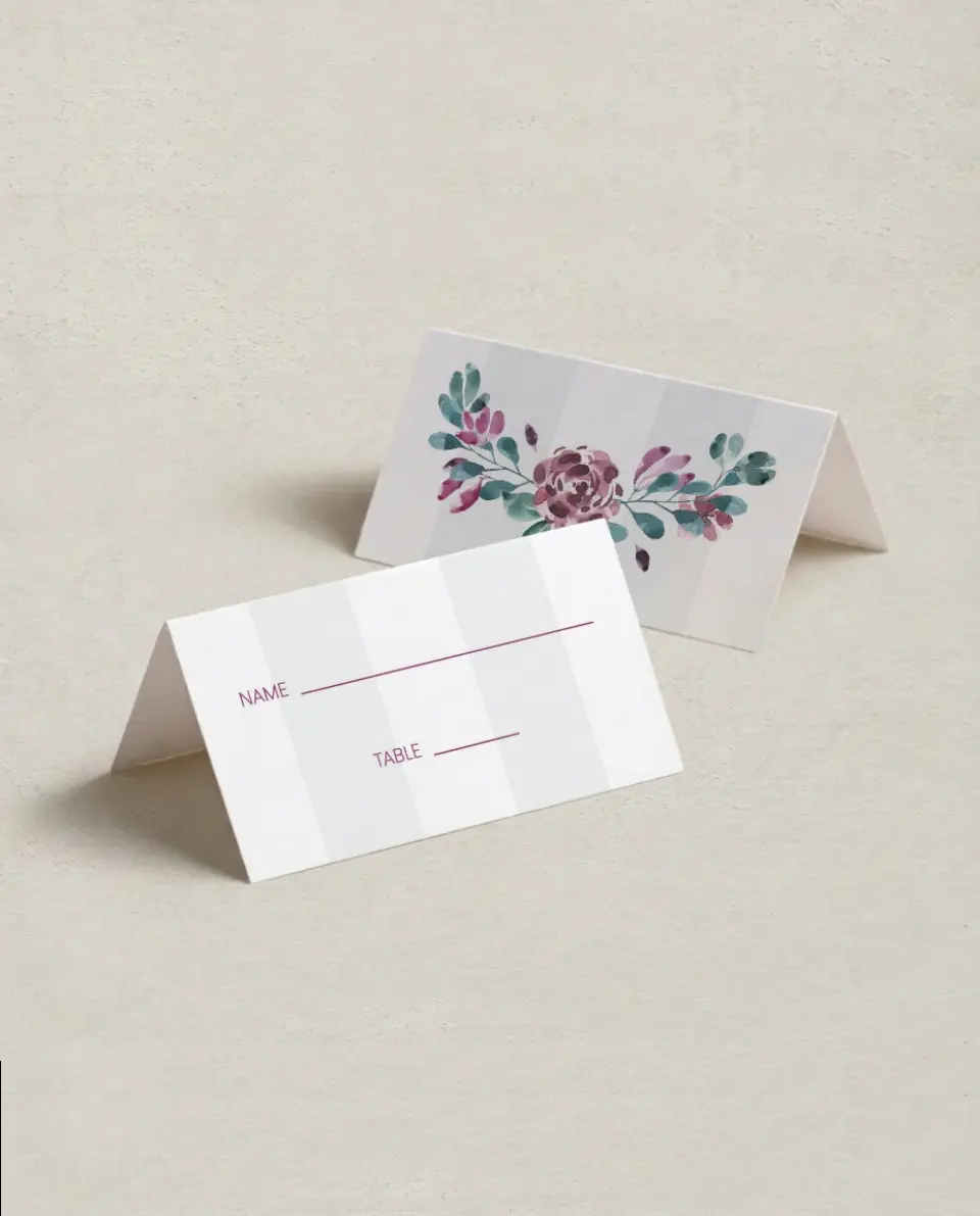 This is a 3½" x 2" Folded Quinceanera Place Card called Ethereal Floret printed in full color on Premium Smooth paper