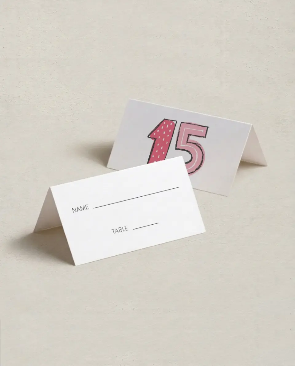This is a 3½" x 2" Folded Quinceanera Place Card called Fun Fifteen printed in full color on Premium Smooth paper