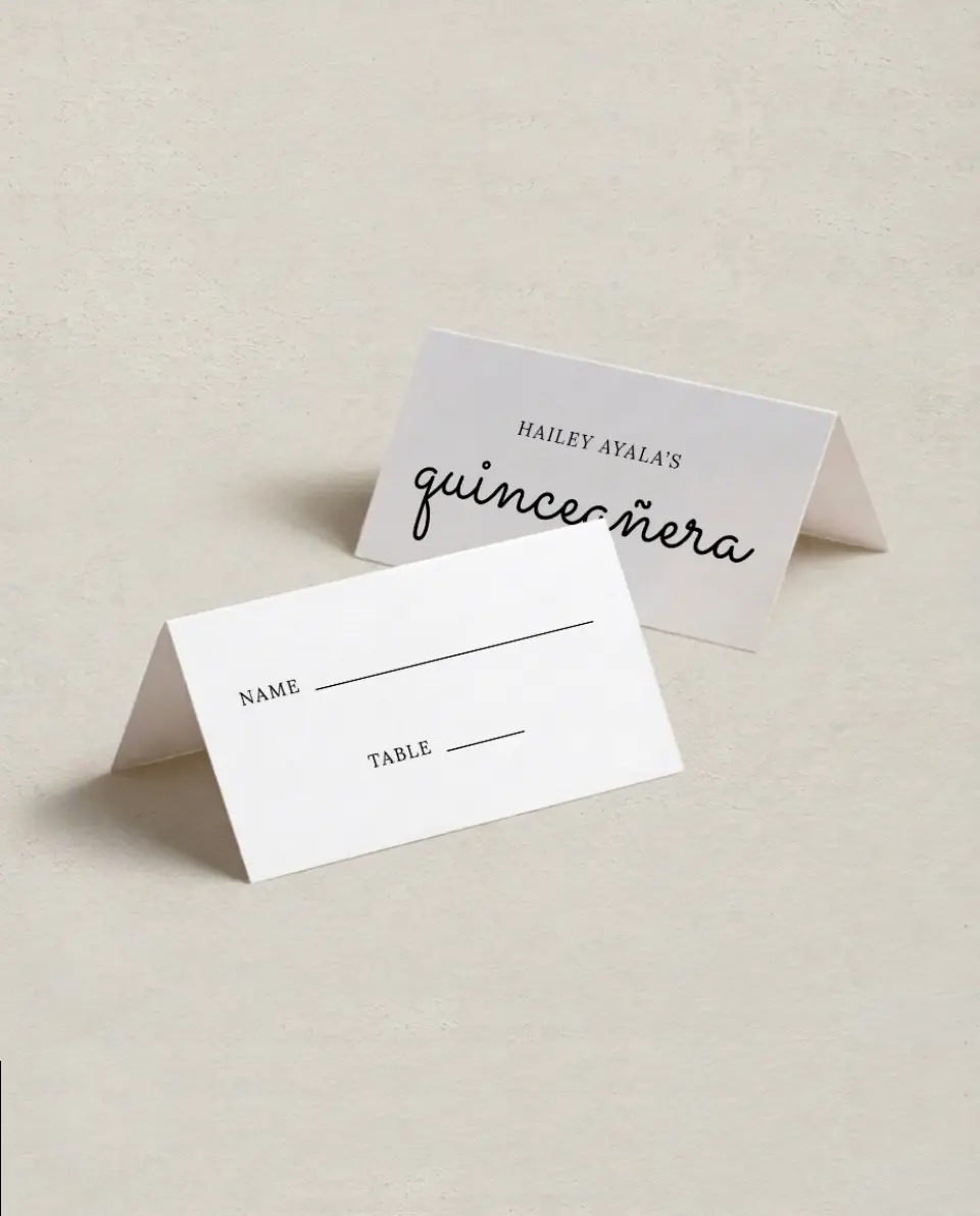 This is a 3½" x 2" Folded Quinceanera Place Card called Blissful Fifteen printed in full color on Premium Smooth paper
