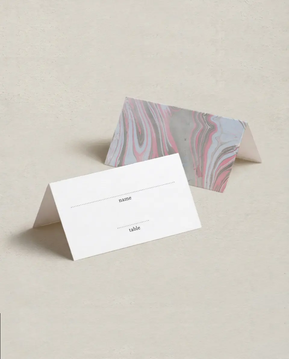 This is a 3½" x 2" Folded Quinceanera Place Card called Dazzling Marble printed in full color on Premium Smooth paper