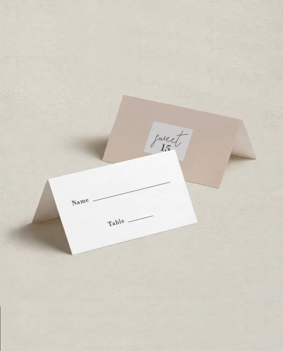 This is a 3½" x 2" Folded Quinceanera Place Card called Super Sweet 15 printed in full color on Premium Smooth paper