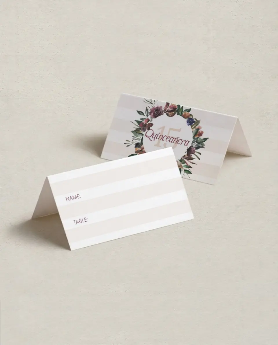 This is a 3½" x 2" Folded Quinceanera Place Card called Gracefully Fifteen printed in full color on Premium Smooth paper