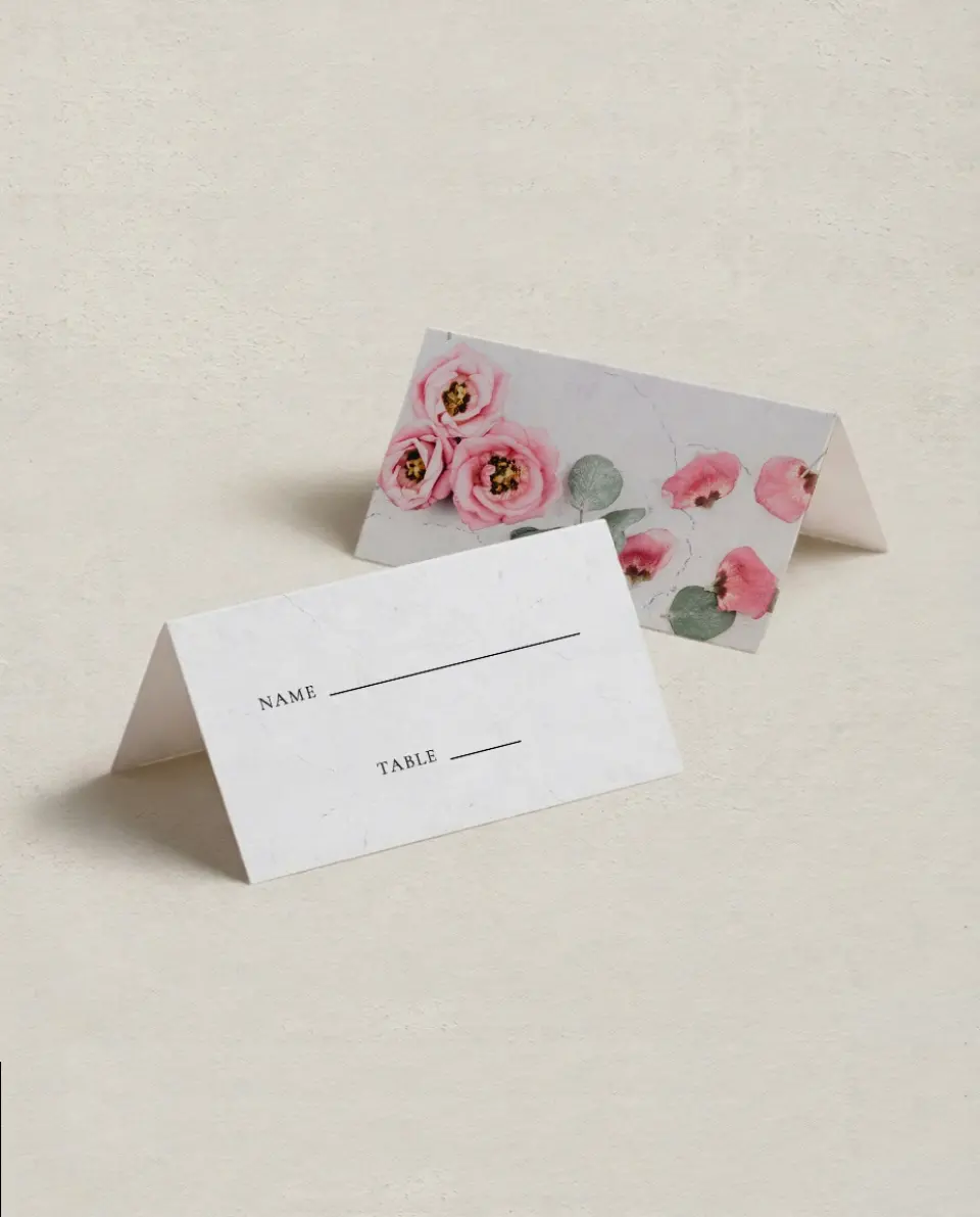 This is a 3½" x 2" Folded Quinceanera Place Card called Lovely Blooms printed in full color on Premium Smooth paper