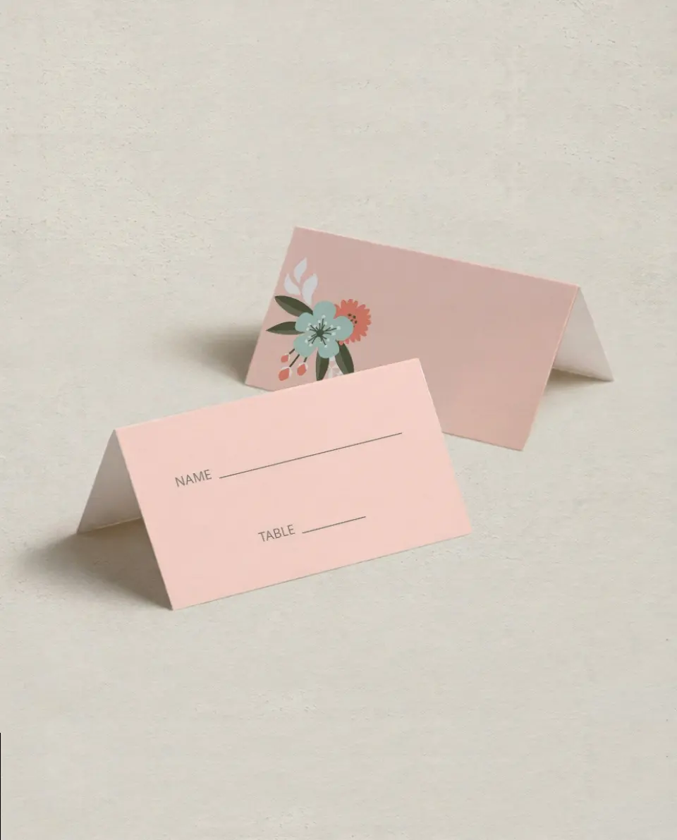 This is a 3½" x 2" Folded Quinceanera Place Card called Framed Florets printed in full color on Premium Smooth paper