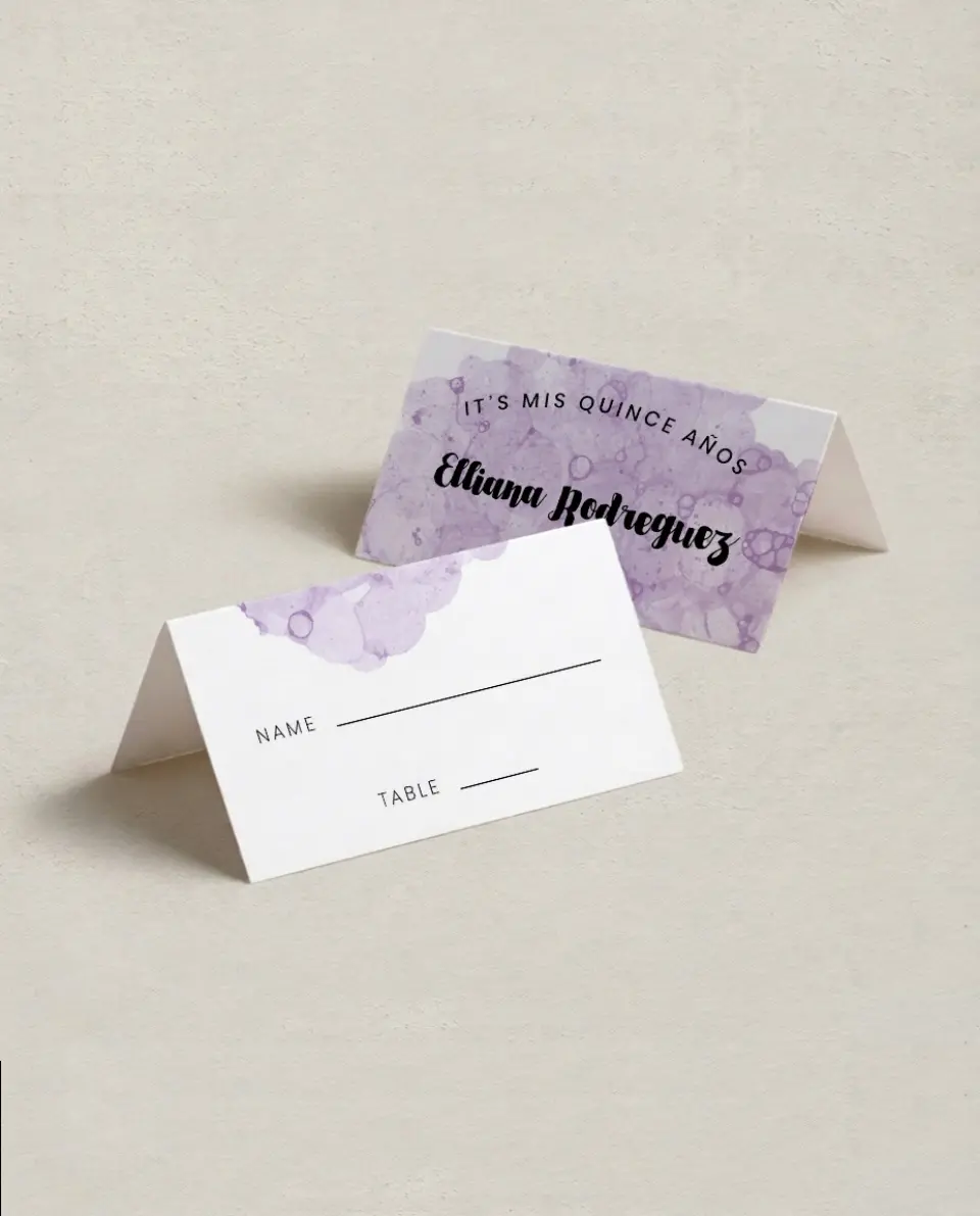 This is a 3½" x 2" Folded Quinceanera Place Card called Inky Delight printed in full color on Premium Smooth paper