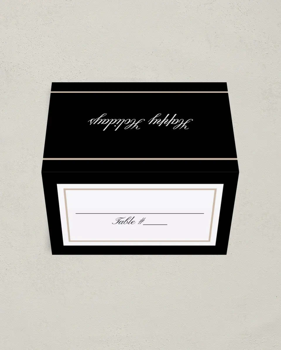 This is a 3½" x 2" Folded Gala Place Card called Scripted Holiday Event printed in full color on Premium Smooth paper