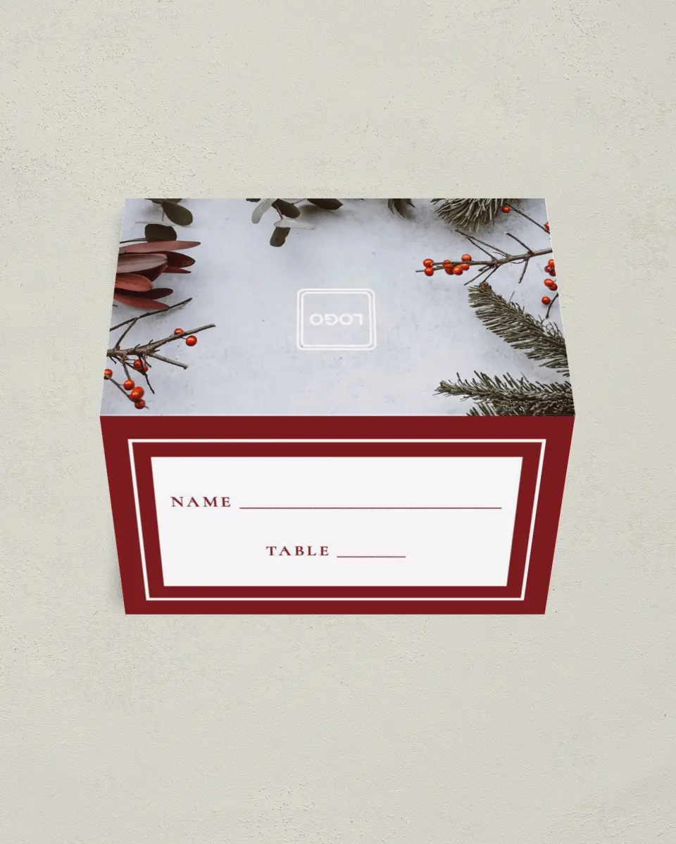 This is a 3½" x 2" Folded Gala Place Card called Holiday Party printed in full color on Premium Smooth paper