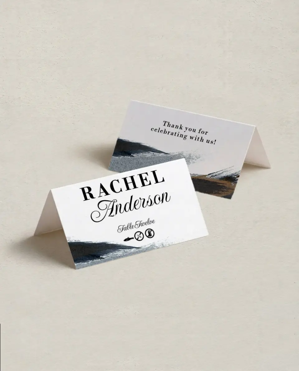 This is a 3½" x 2" Folded Wedding Place Card called Moody Swashes printed in full color on Premium Smooth paper