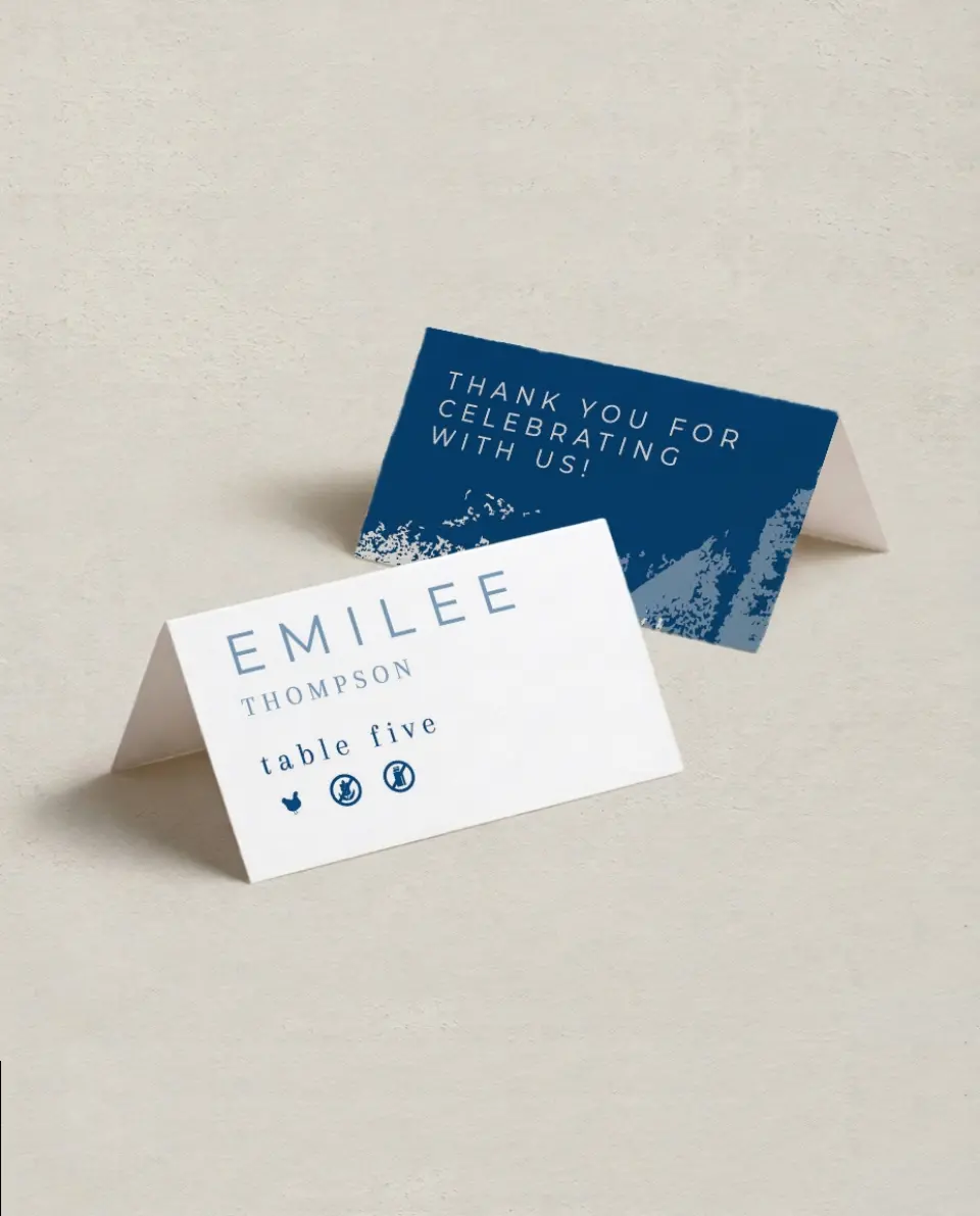This is a 3½" x 2" Folded Wedding Place Card called Set in Stone printed in full color on Premium Smooth paper