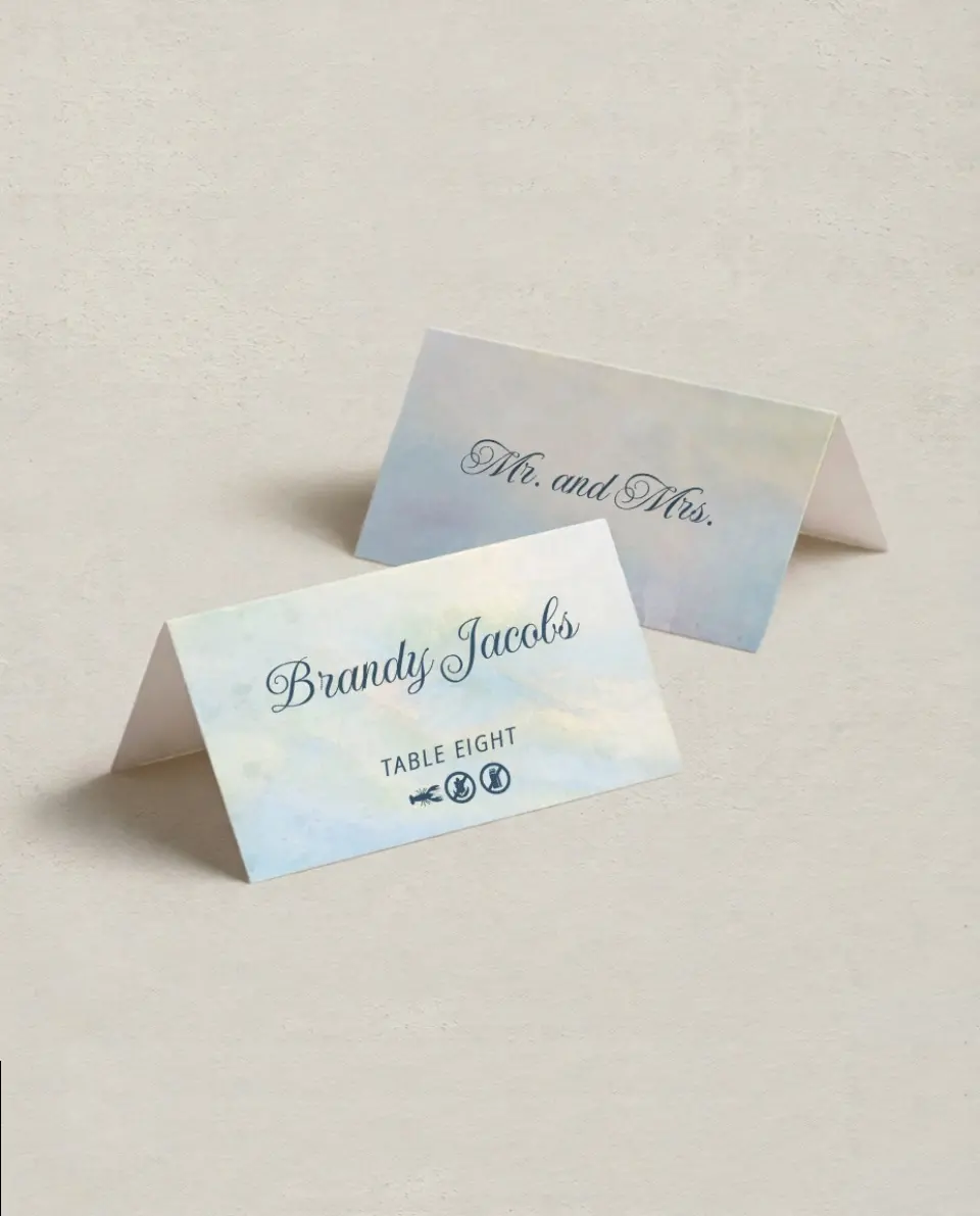 This is a 3½" x 2" Folded Wedding Place Card called Dreamy Sky printed in full color on Premium Smooth paper