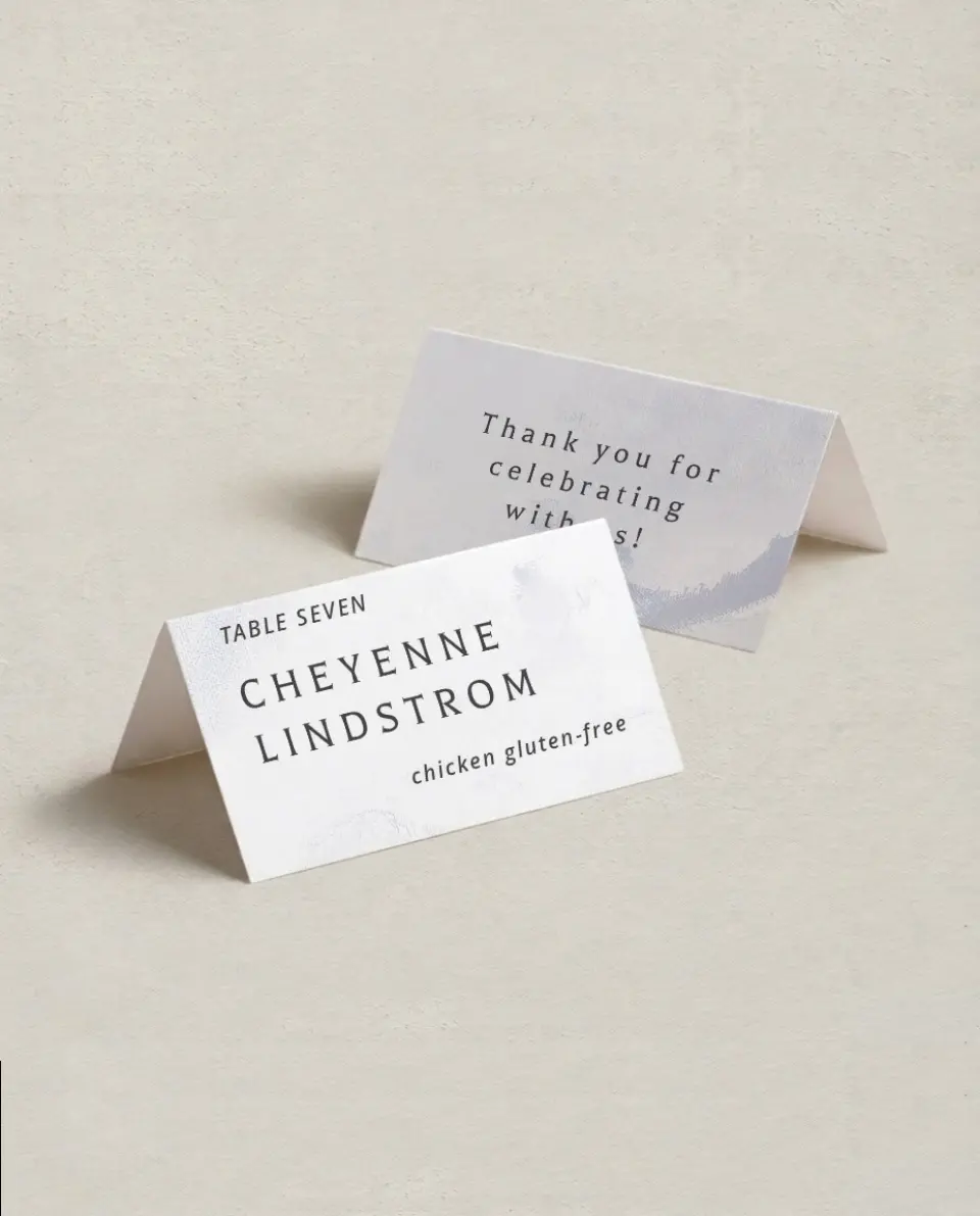 This is a 3½" x 2" Folded Wedding Place Card called Gilded Marble printed in full color on Premium Smooth paper