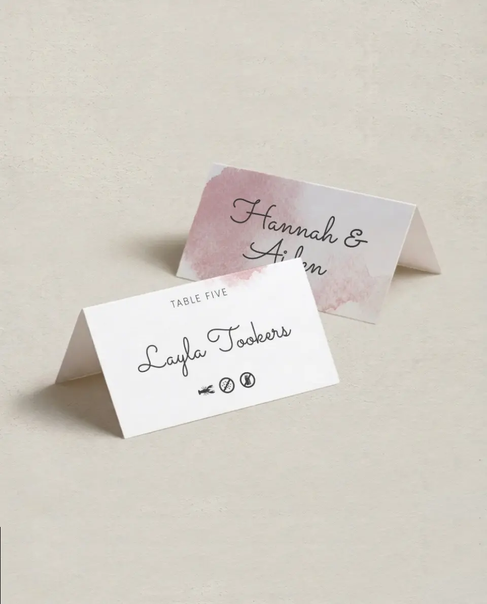 This is a 3½" x 2" Folded Wedding Place Card called Watercolor Rapture printed in full color on Premium Smooth paper