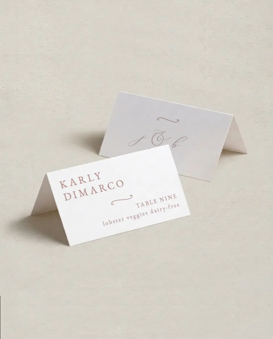This is a 3½" x 2" Folded Wedding Place Card called Modern Whisper printed in full color on Premium Smooth paper