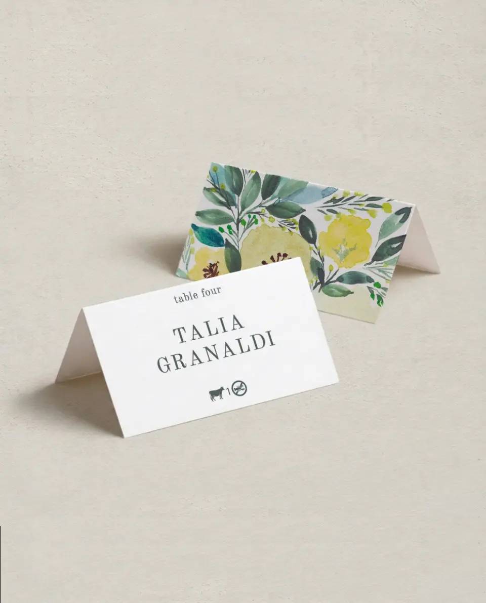 This is a 3½" x 2" Folded Wedding Place Card called Bold Blooms printed in full color on Premium Smooth paper