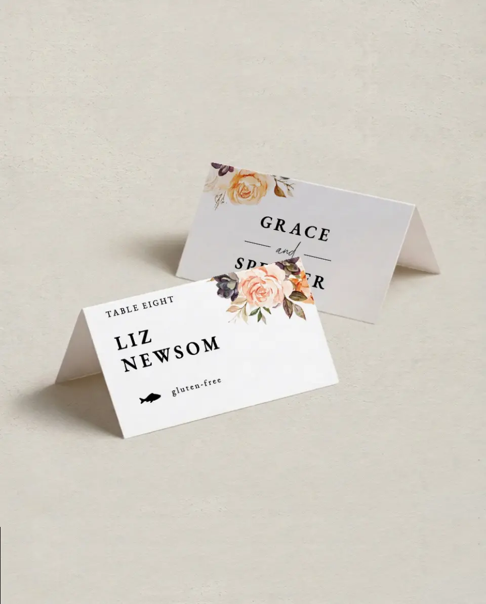 This is a 3½" x 2" Folded Wedding Place Card called Romantic Garden printed in full color on Premium Smooth paper