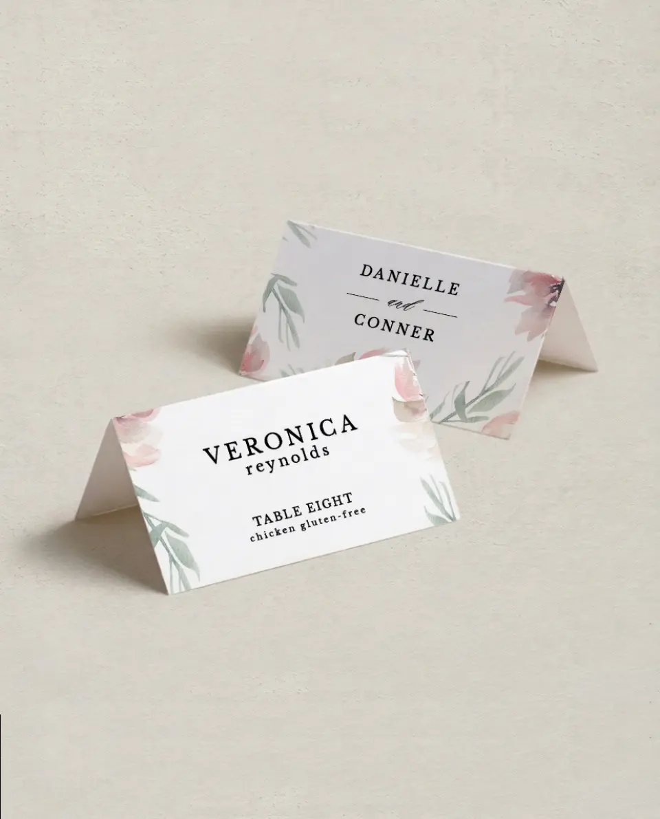 This is a 3½" x 2" Folded Wedding Place Card called Soft Florals printed in full color on Premium Smooth paper