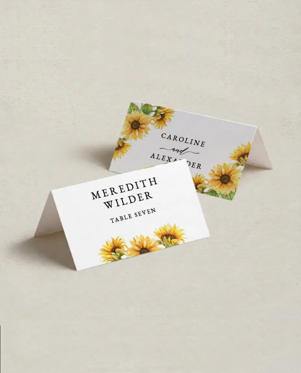 This is a 3½" x 2" Folded Wedding Place Card called Sunflower Bliss printed in full color on Premium Smooth paper
