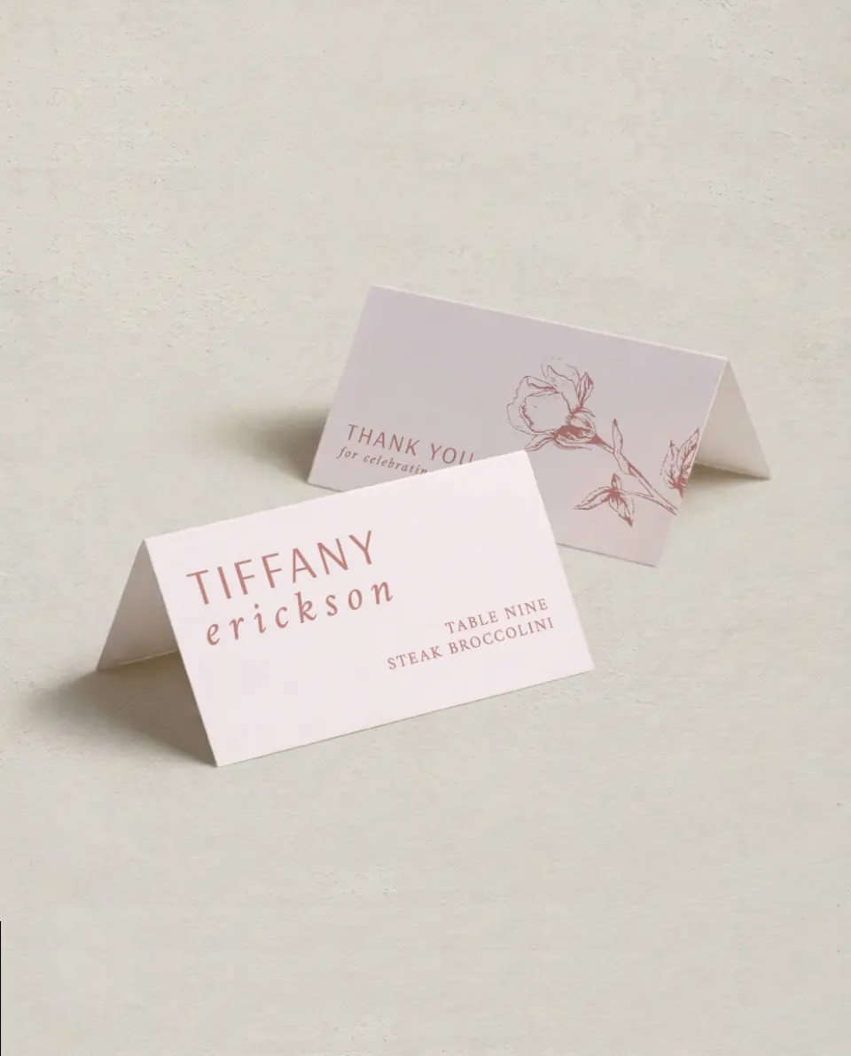 This is a 3½" x 2" Folded Wedding Place Card called Blooming Bud printed in full color on Premium Smooth paper