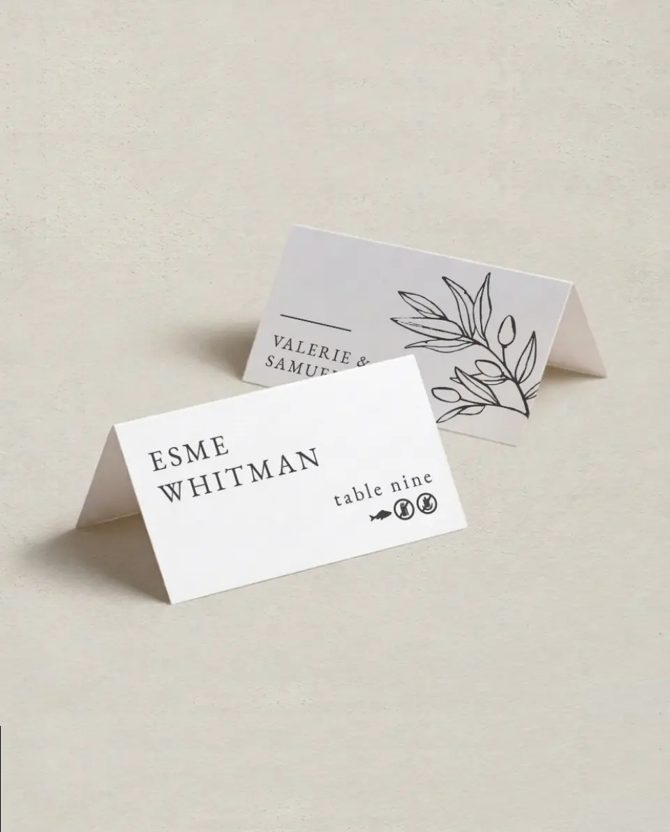 This is a 3½" x 2" Folded Wedding Place Card called Branch Sketch printed in full color on Premium Smooth paper