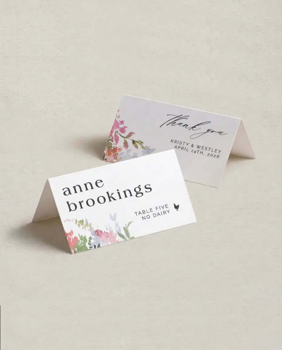 This is a 3½" x 2" Folded Wedding Place Card called Blushing Bouquet printed in full color on Premium Smooth paper
