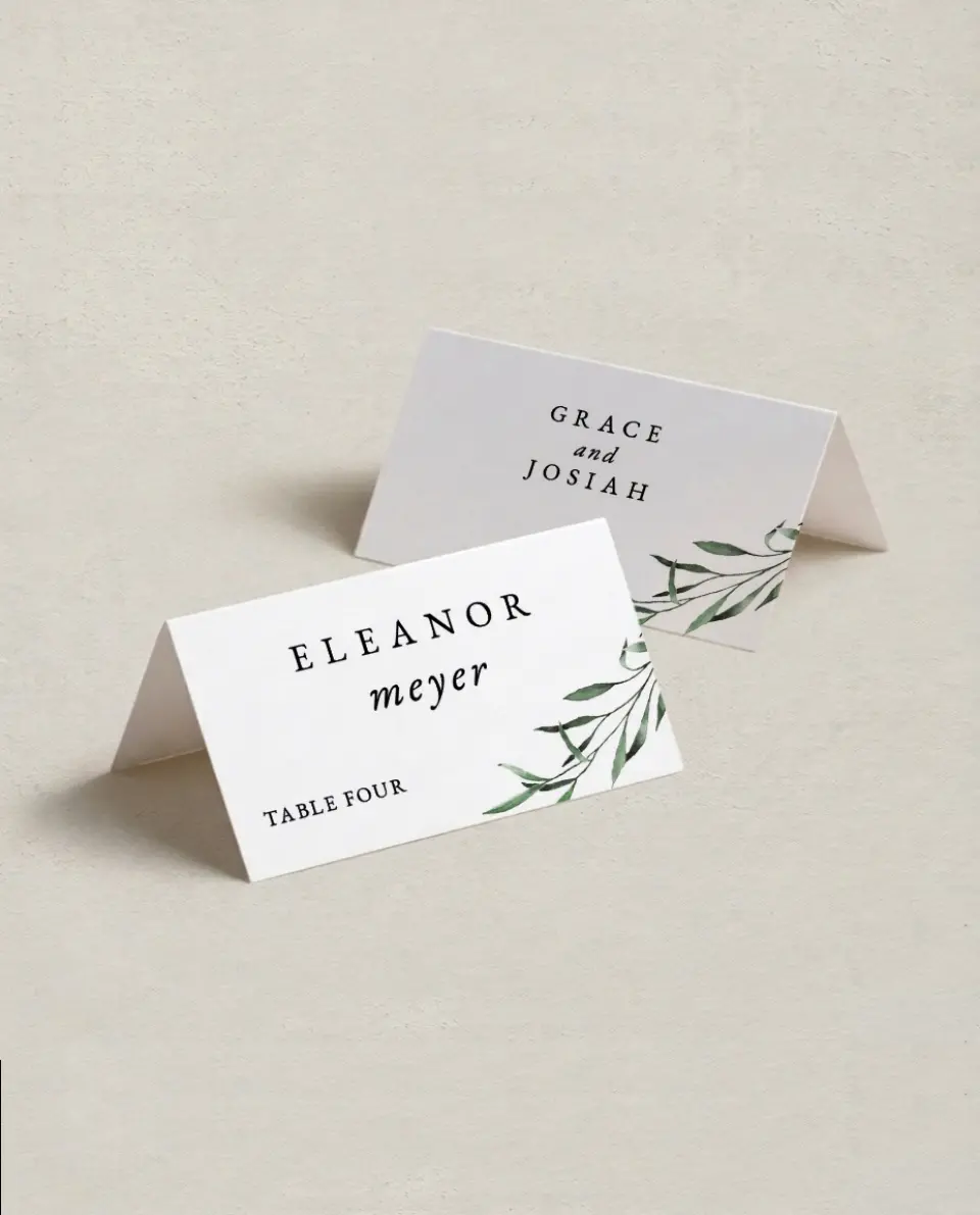 This is a 3½" x 2" Folded Wedding Place Card called Tender Twig printed in full color on Premium Smooth paper