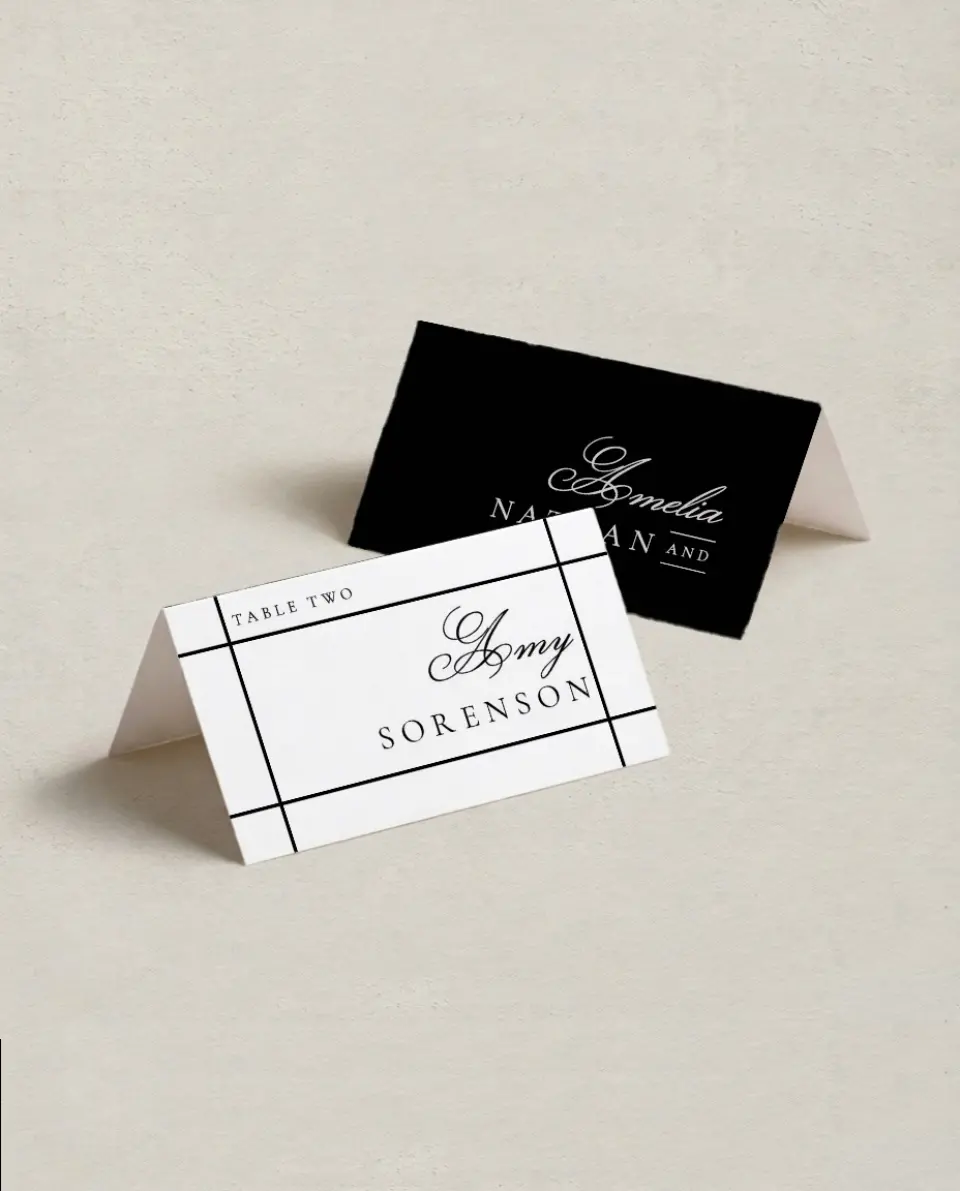 This is a 3½" x 2" Folded Wedding Place Card called Modern Trim printed in full color on Premium Smooth paper