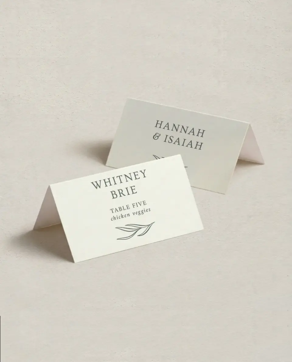 This is a 3½" x 2" Folded Wedding Place Card called Whisper Twig printed in full color on Premium Smooth paper