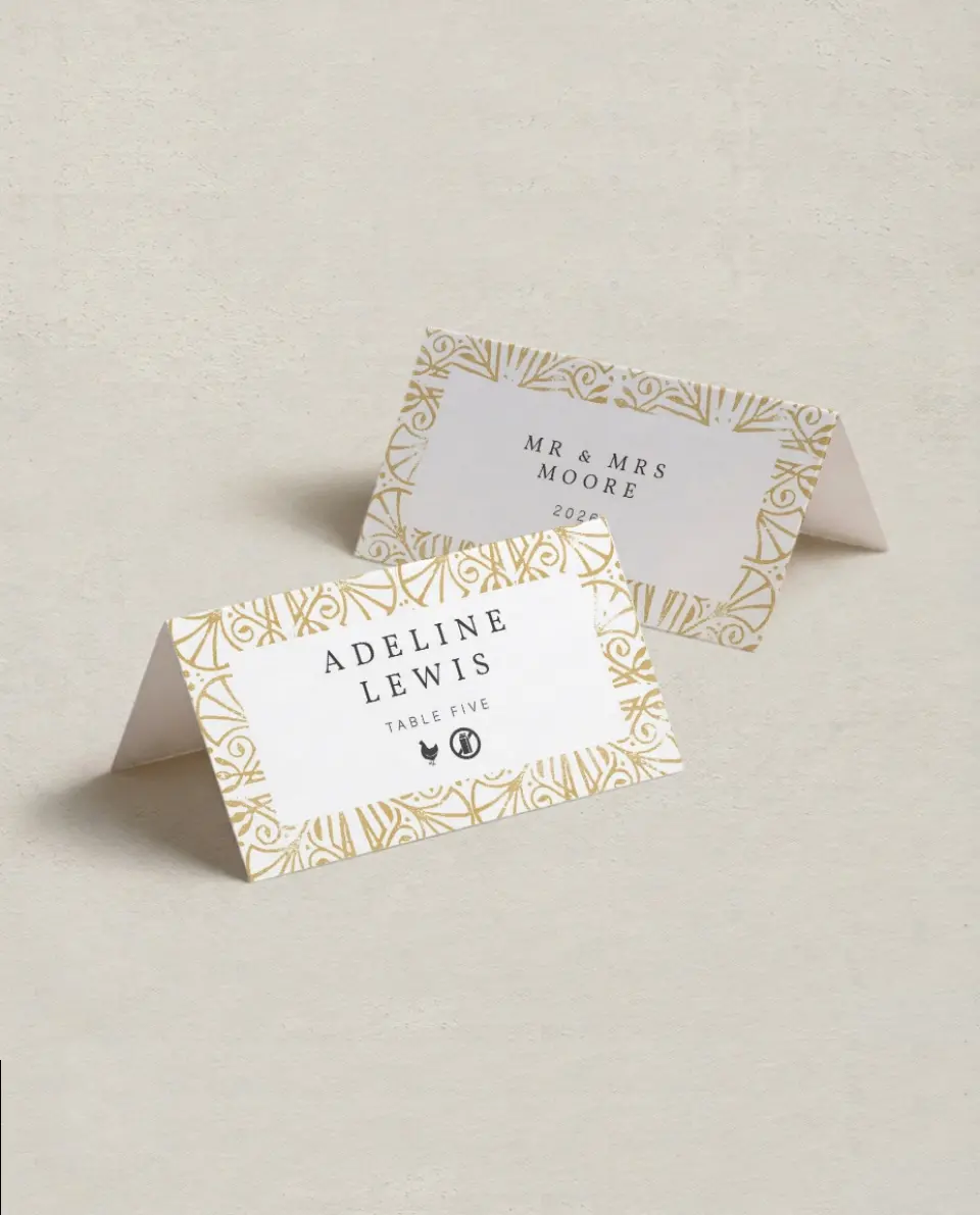This is a 3½" x 2" Folded Wedding Place Card called Decorated Luxury printed in full color on Premium Smooth paper