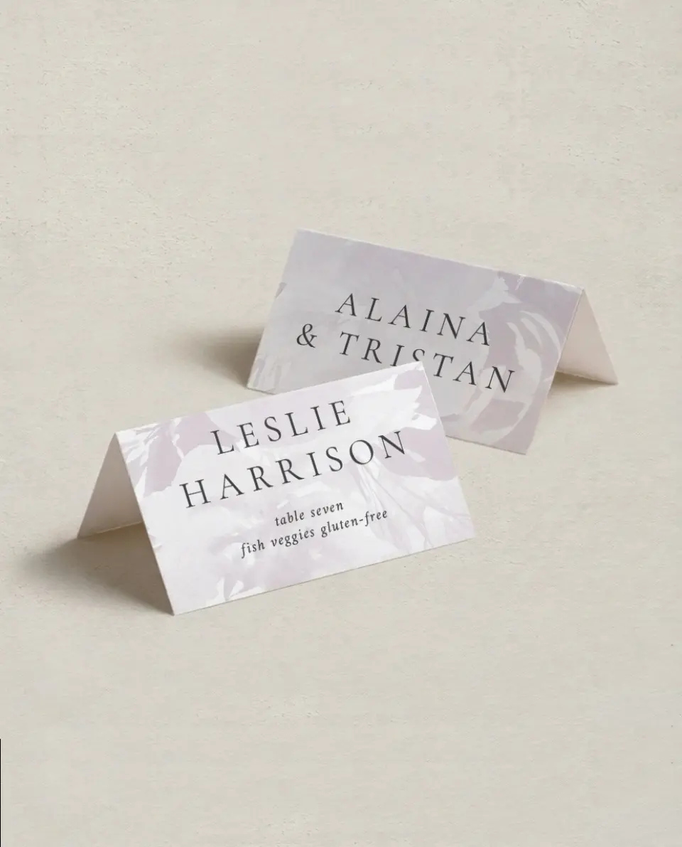 This is a 3½" x 2" Folded Wedding Place Card called Floral Burst printed in full color on Premium Smooth paper