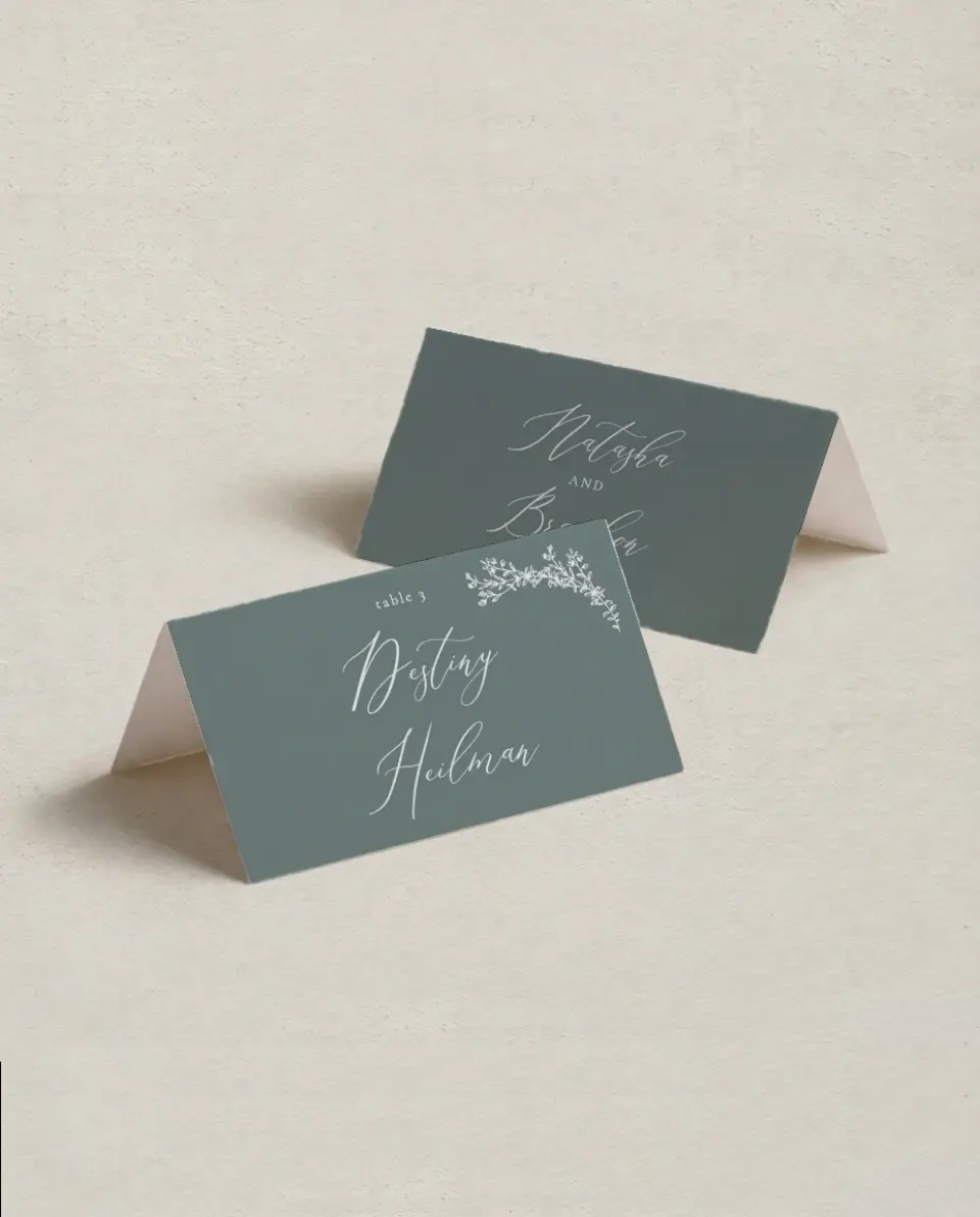 This is a 3½" x 2" Folded Wedding Place Card called Timeless Order printed in full color on Premium Smooth paper