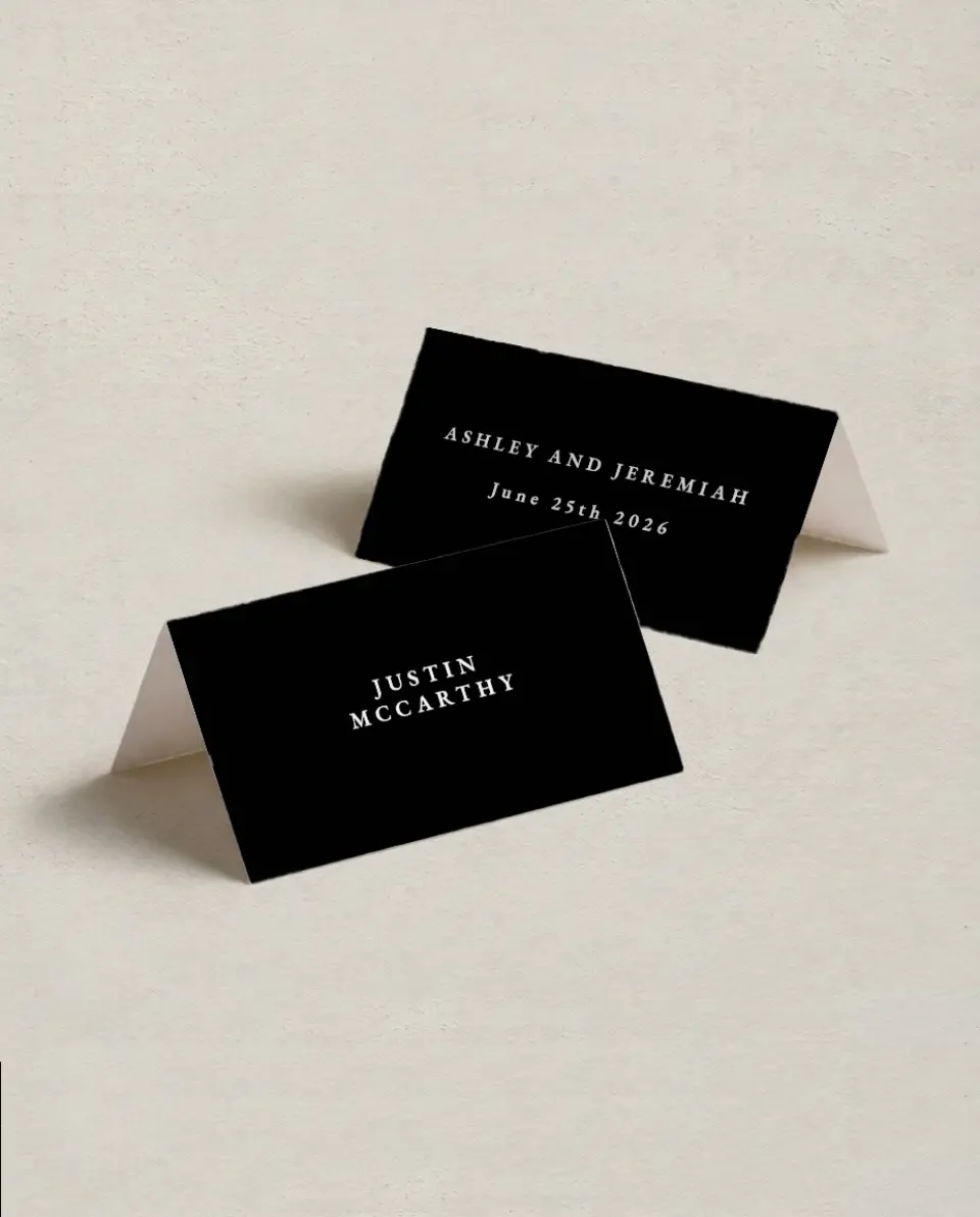 This is a 3½" x 2" Folded Wedding Place Card called Simple Drama printed in full color on Premium Smooth paper