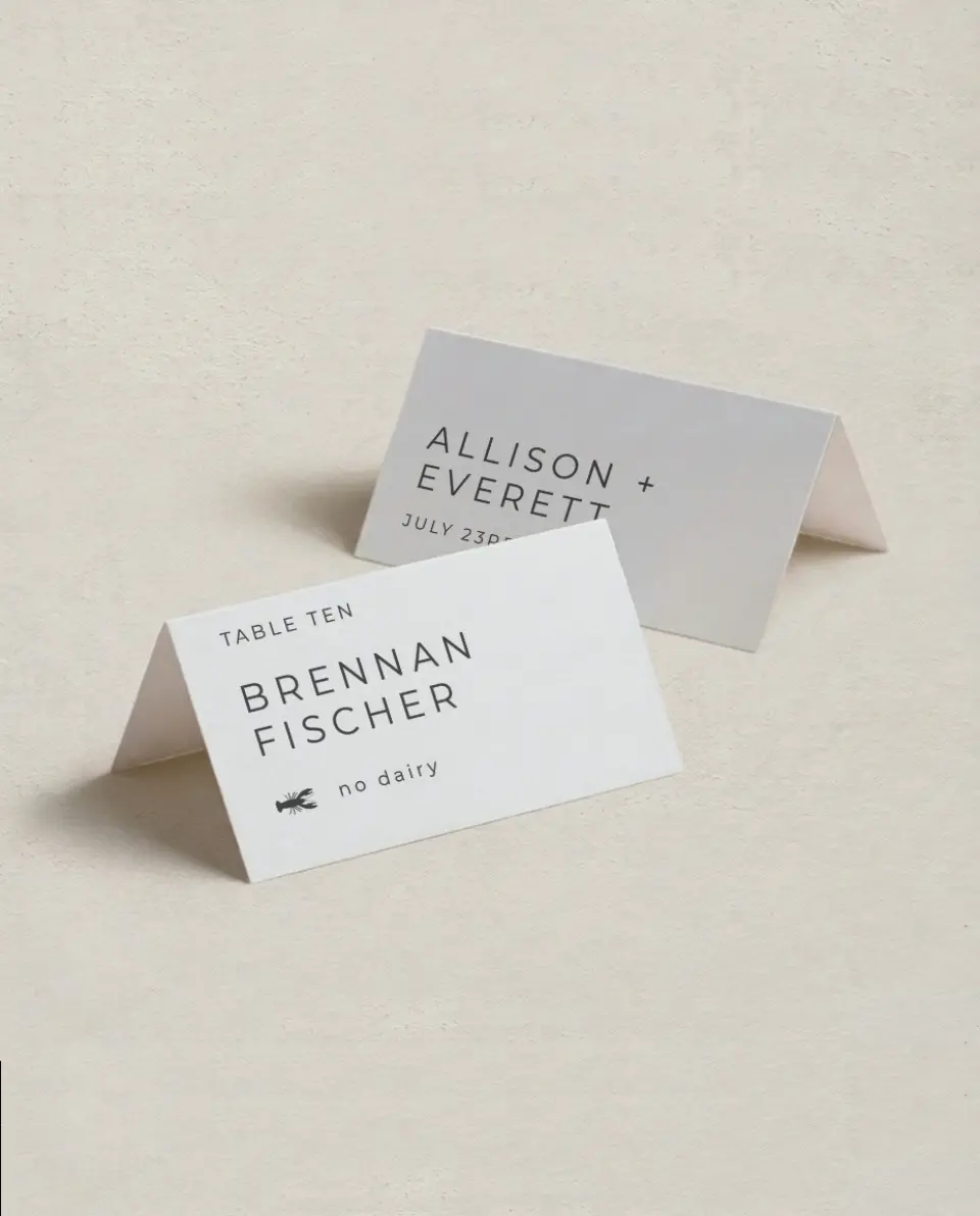 This is a 3½" x 2" Folded Wedding Place Card called Initial Hush printed in full color on Premium Smooth paper