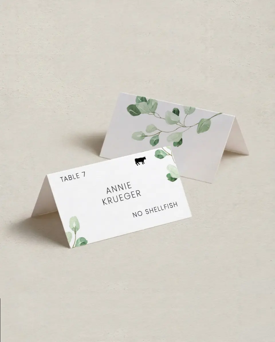 This is a 3½" x 2" Folded Wedding Place Card called Sweet Greenery printed in full color on Premium Smooth paper