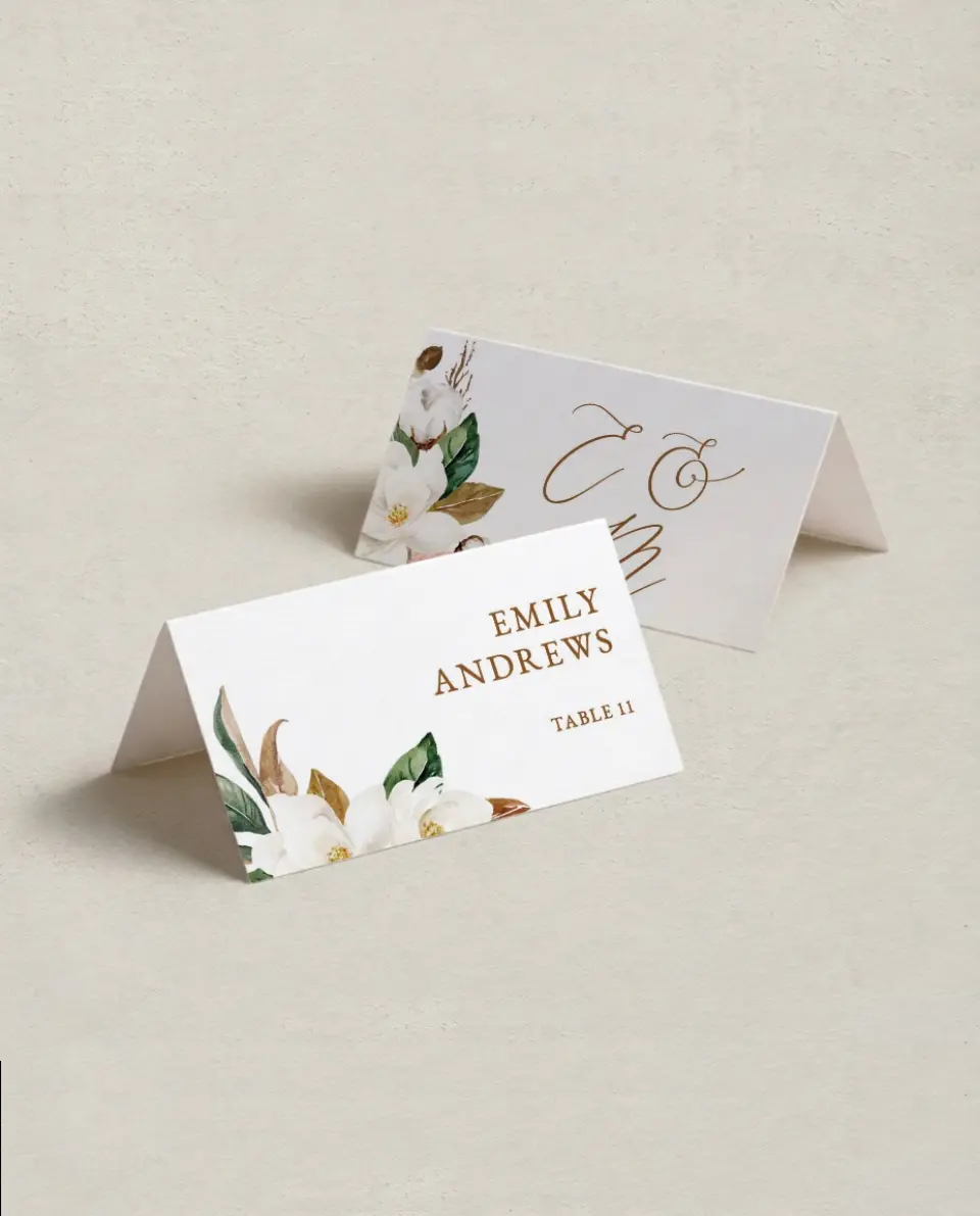 This is a 3½" x 2" Folded Wedding Place Card called Soft Magnolia printed in full color on Premium Smooth paper